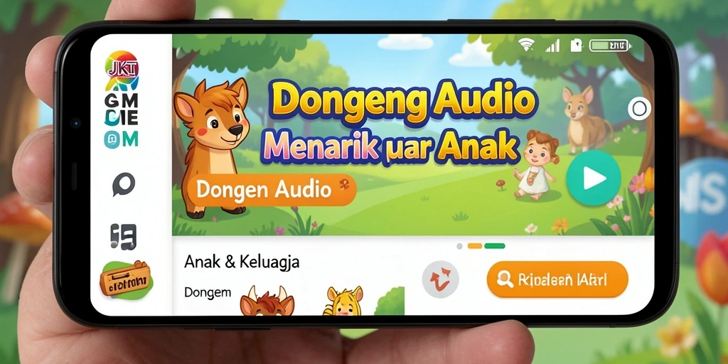 Antarmuka menarik aplikasi JKTGAME saat mendengarkan dongeng.
